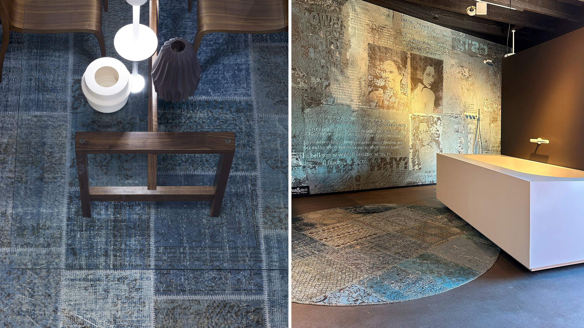A gray-blue rug that complements the stone surfaces in a contemporary architectural space